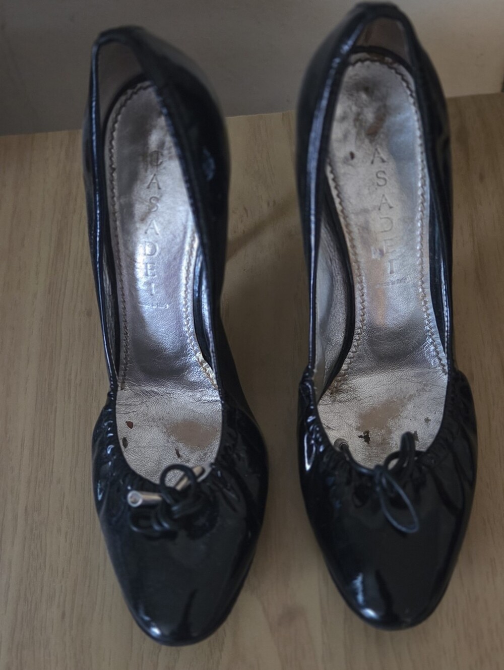 Casadei Black Patent Leather Elastic Bow Heels 38.